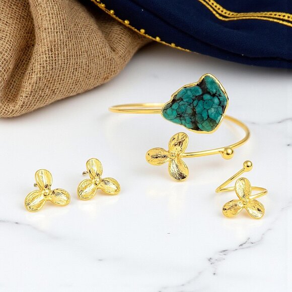 ๐Turkish Artisanal 18K Gold Plated Brass Statement Jewelry Set With Turquoise - Picture 9 of 11